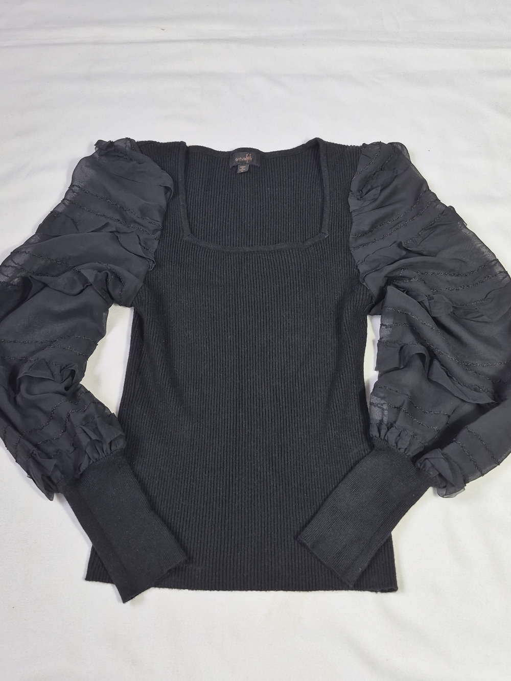 Black Casual Women's Crew Neck Fitted Puff Sleeve Splice Ribbed Knitted S